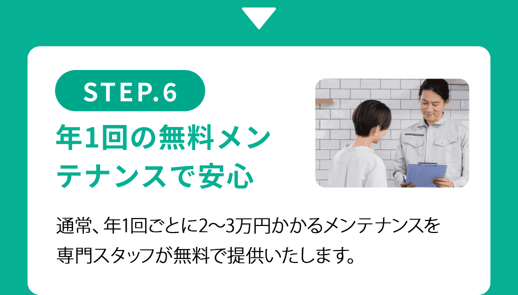 STEP.6年1回の無料メンテナンスで安心 年1回、専門スタッフが無料でメンテナンスをするので安心してご利用いただけます。